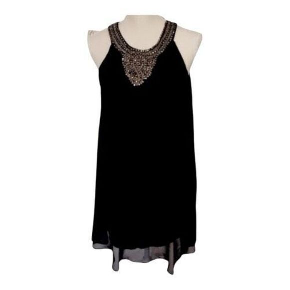 Black Beaded Shift Mini Dress Size S Sleeveless Night Out Lined Button Back - Picture 2 of 10